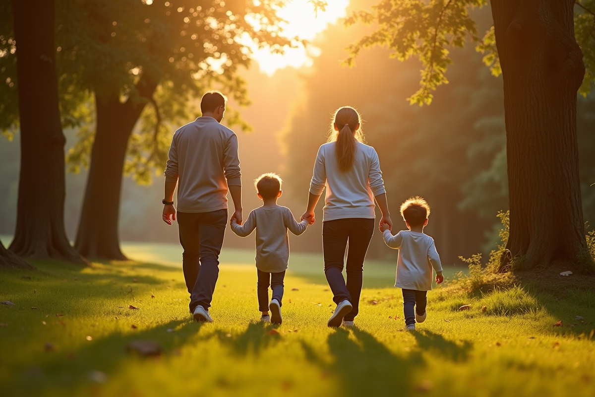 Enfants et parents marchant dans un parc en fin d