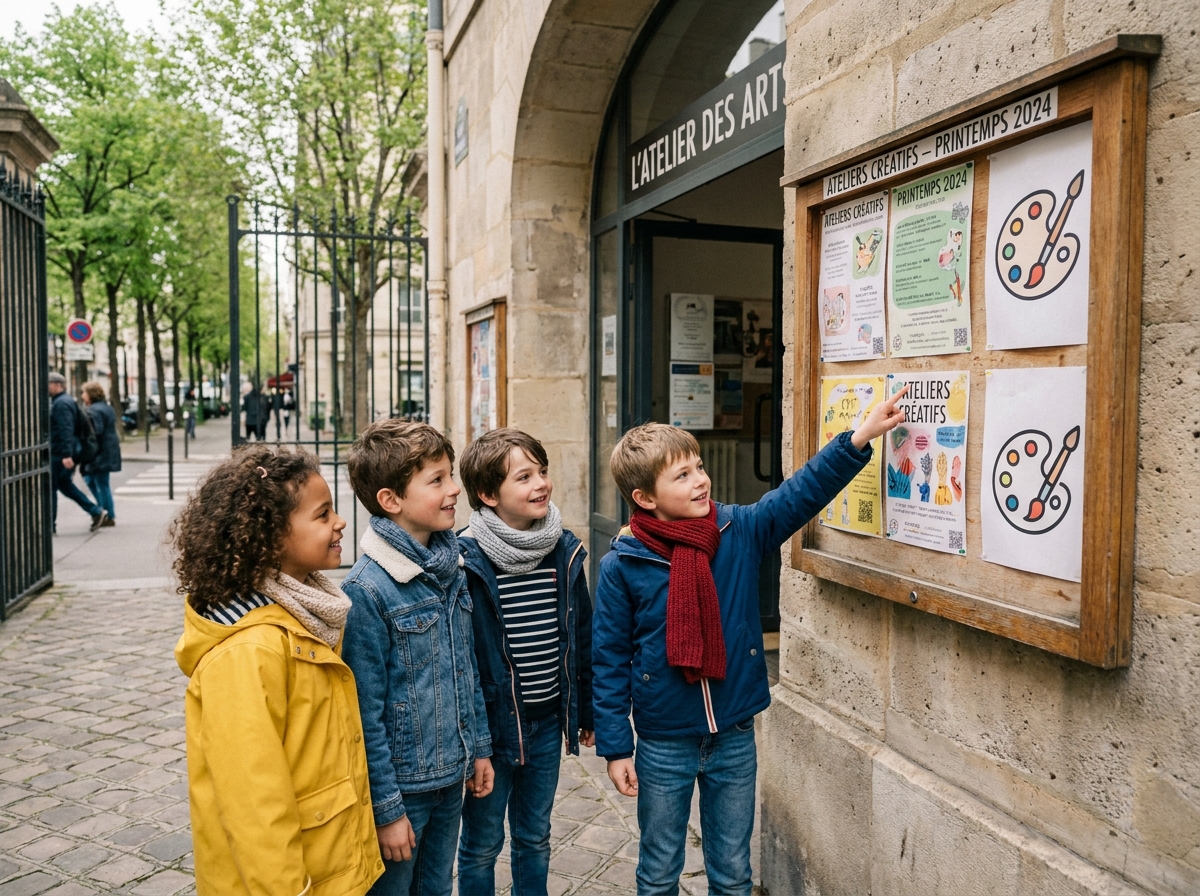 Enfants parisiens devant un centre artistique en extérieur