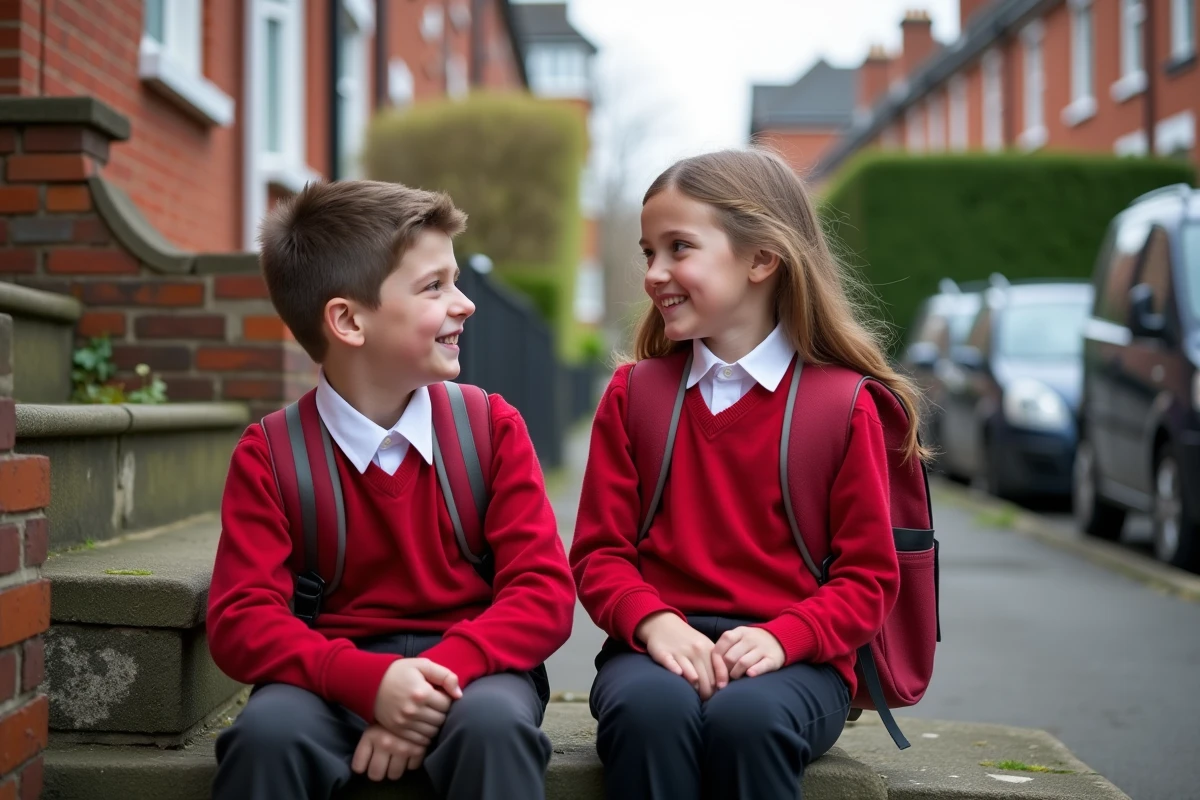 Enfants en uniforme scolaire britannique prêts pour les vacances devant une maison anglaise typique
