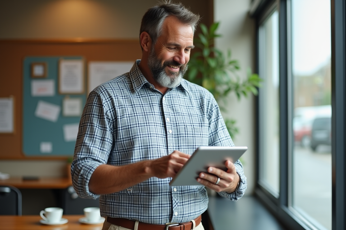Enseignant homme lisant sur sa tablette dans le lounge