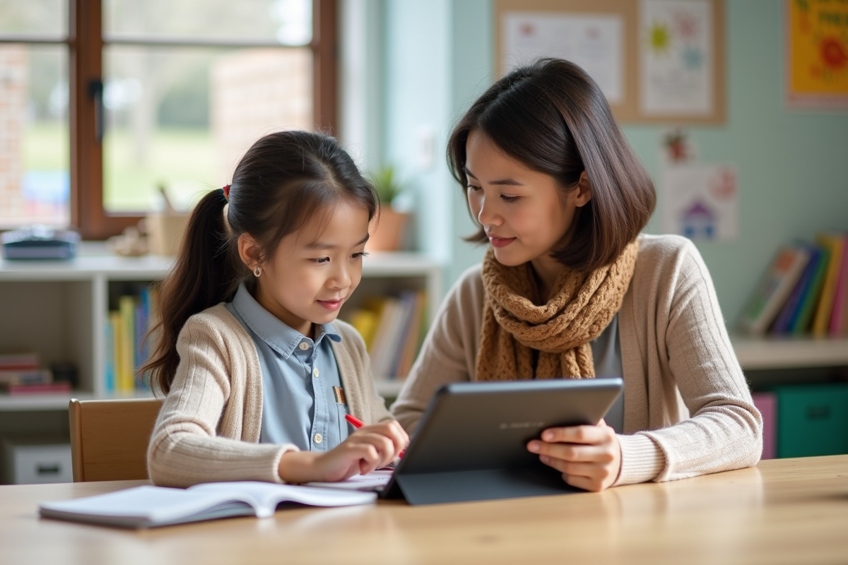 Enseignante aidant une élève avec une tablette en classe