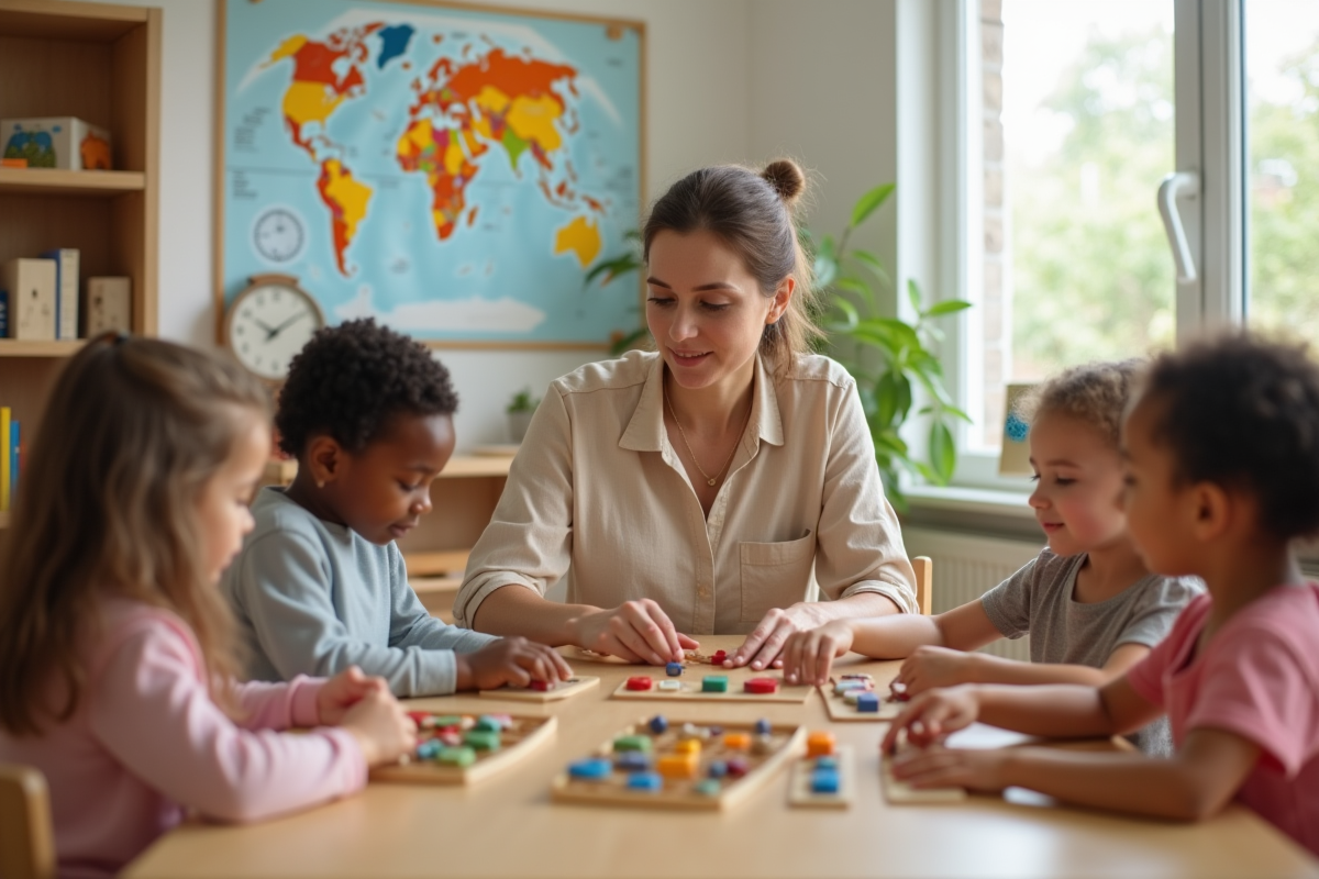 Femme enseignant avec enfants manipulant perles sensorielles