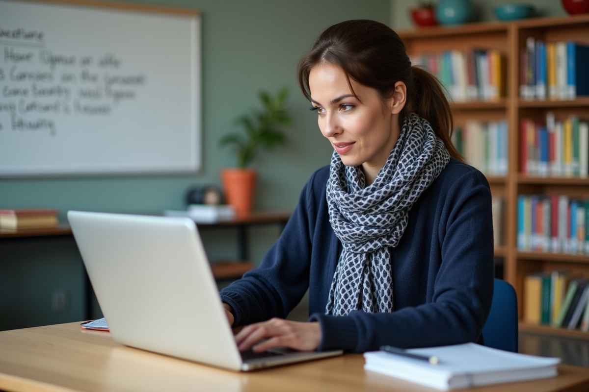 Enseignante femme utilisant un ordinateur dans une classe accueillante