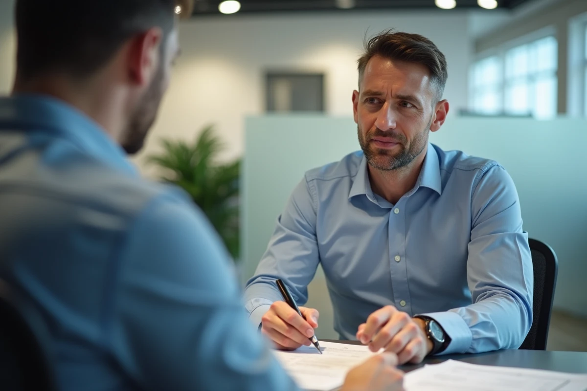 Homme en entretien avec un conseiller bancaire discutant de dettes conjugales et de responsabilité financière liée à l'article 220 du Code civil