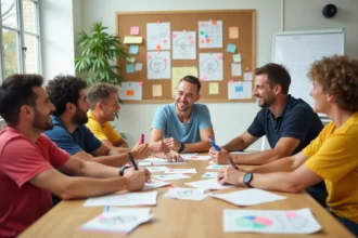 Équipe d'animateurs d'un centre de loisirs en séance de brainstorming autour d'une table couverte de post-its et d'idées thèmes