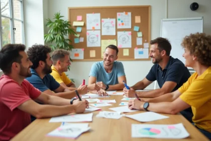 Équipe d'animateurs d'un centre de loisirs en séance de brainstorming autour d'une table couverte de post-its et d'idées thèmes