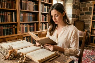 Jeune femme prénommée Juliette consultant un livre ancien dans une bibliothèque vintage, illustrant l'étymologie et l'histoire du prénom Juliette