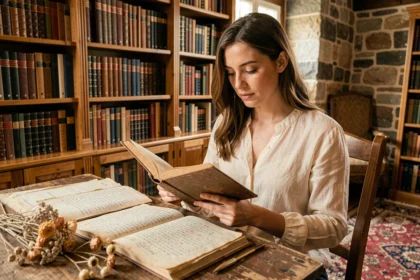 Jeune femme prénommée Juliette consultant un livre ancien dans une bibliothèque vintage, illustrant l'étymologie et l'histoire du prénom Juliette