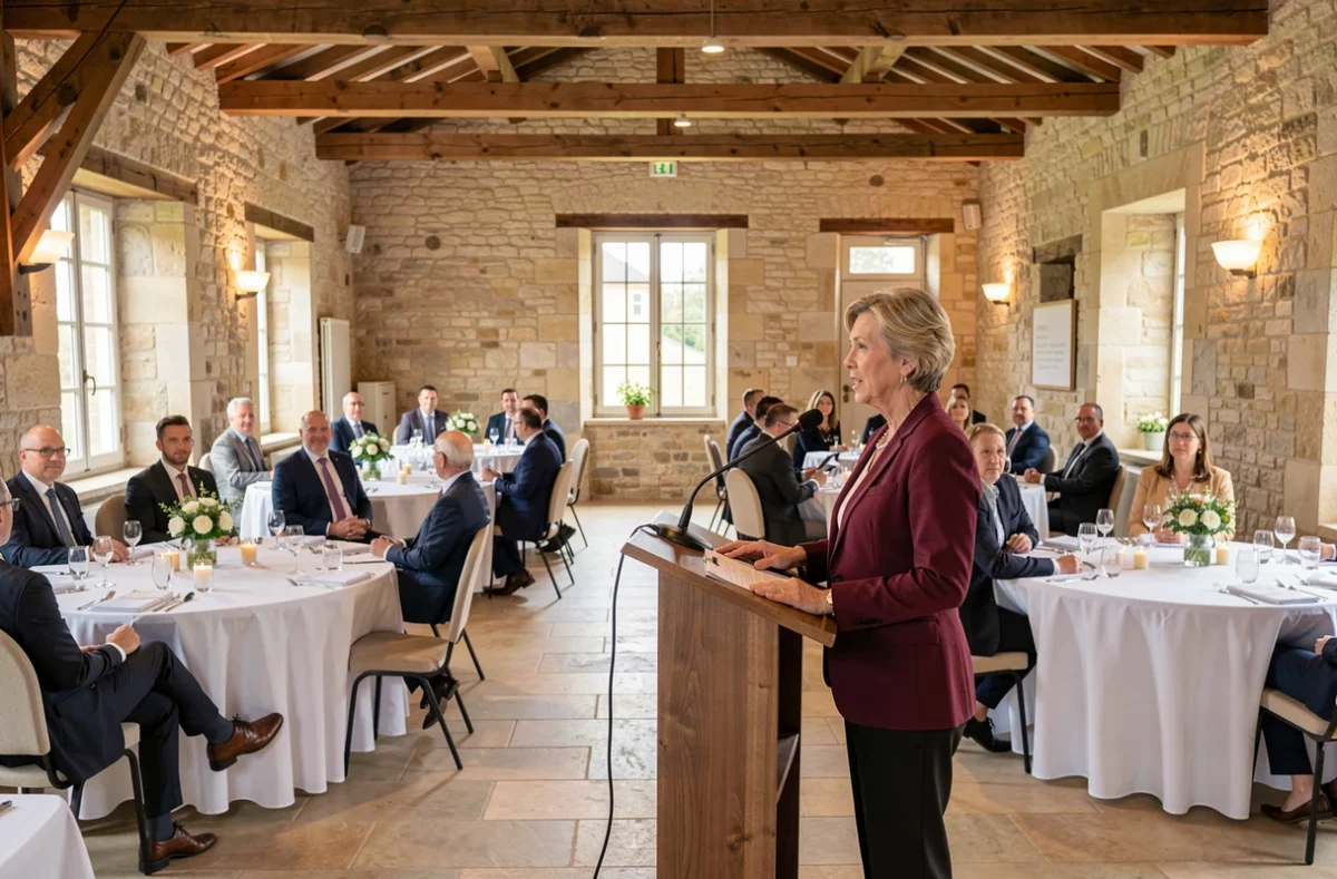Photographe capturant une conférence d'entreprise dans une salle en pierre rénovée à Dreux
