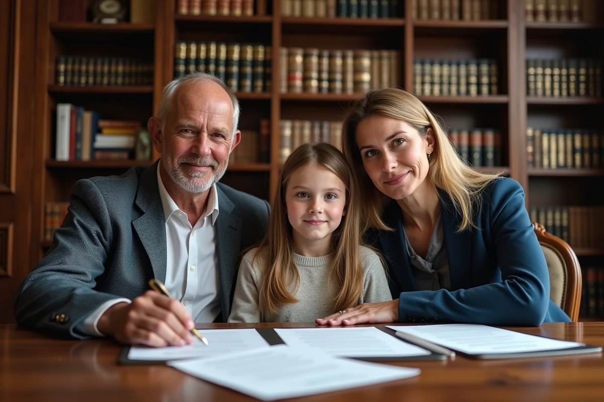 Famille adoptive et adolescente signant des documents d'adoption simple chez un notaire