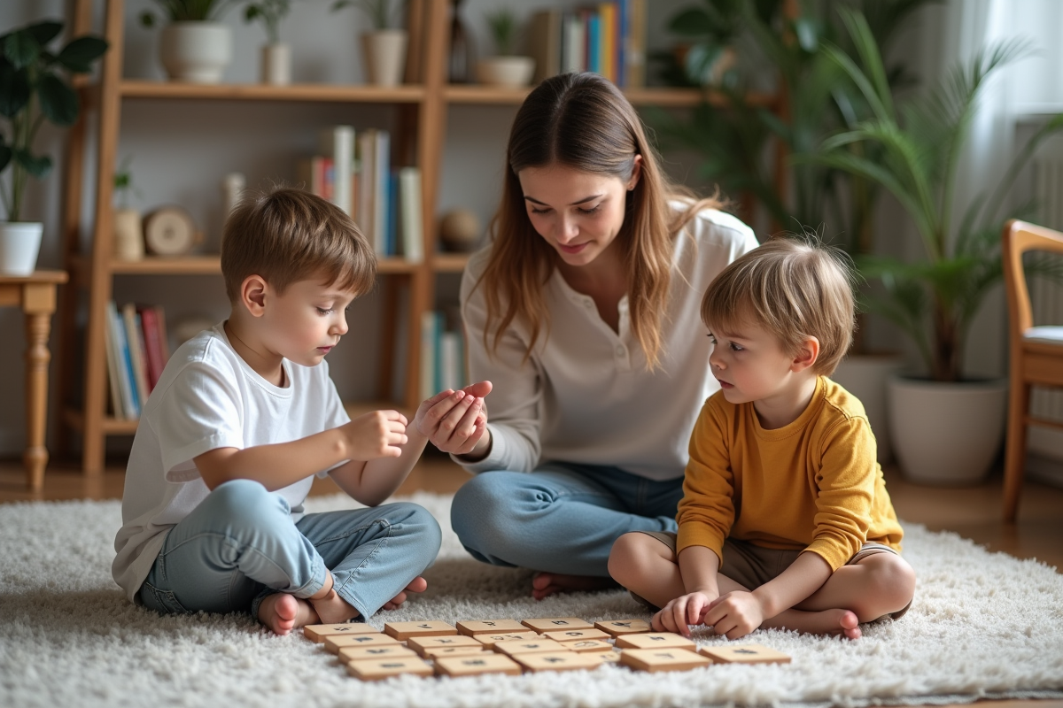 Mère et enfants découvrant des cartes Montessori dans un salon chaleureux