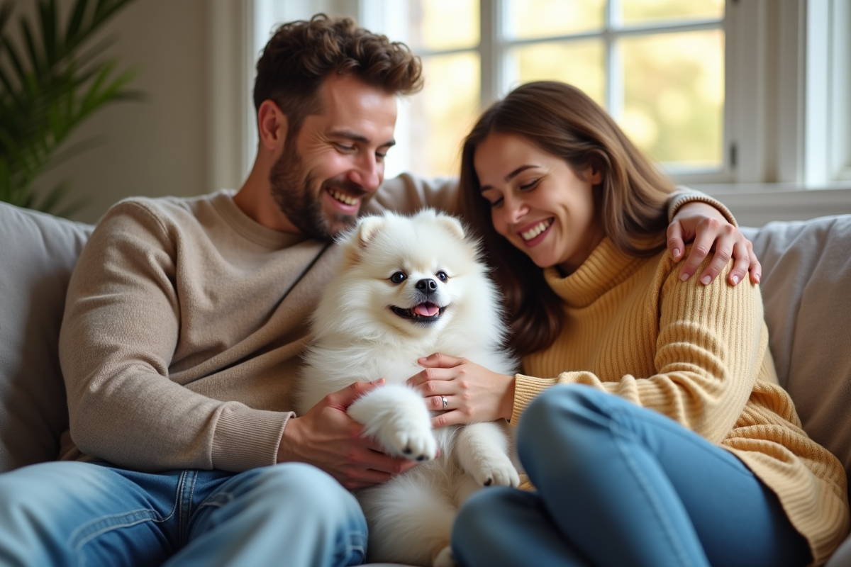 Famille heureuse avec chiot pomeranian dans un salon cosy