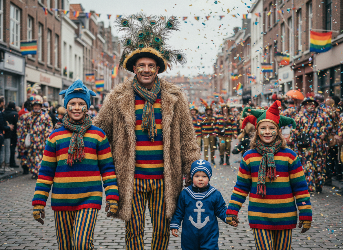 Famille en costumes de carnaval à Dunkerque en extérieur