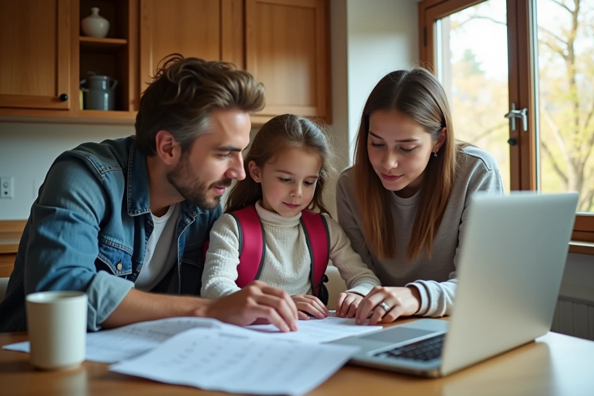 Famille réunie autour d'une table cuisine pour planifier