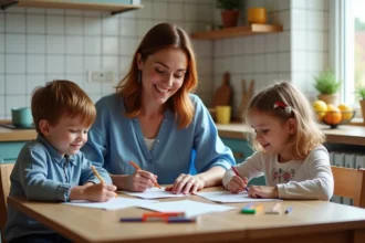 Femme et enfants dessinant à la cuisine lumineuse