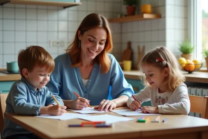 Femme et enfants dessinant à la cuisine lumineuse