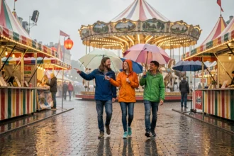 Famille sous la pluie à la Foire aux Manèges de Lille avec parapluies colorés et carrousel en arrière-plan