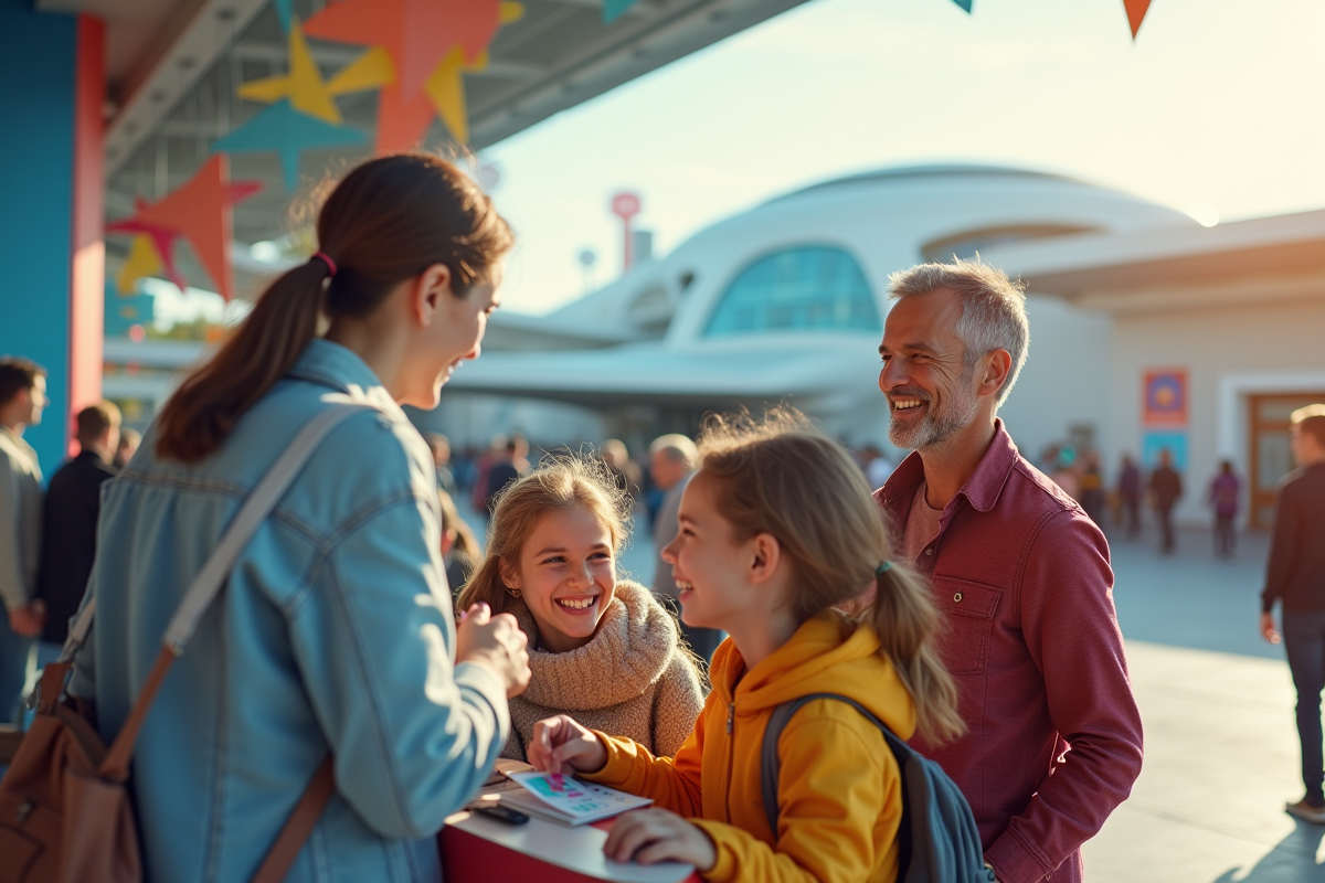 Famille souriante achetant des billets à l'entrée de Futuroscope