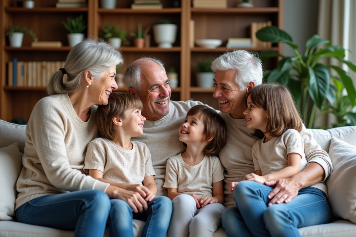 Famille multigenerations souriante dans un salon chaleureux
