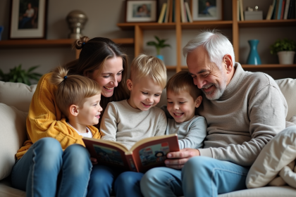 Famille multigenerations réunie dans un salon chaleureux