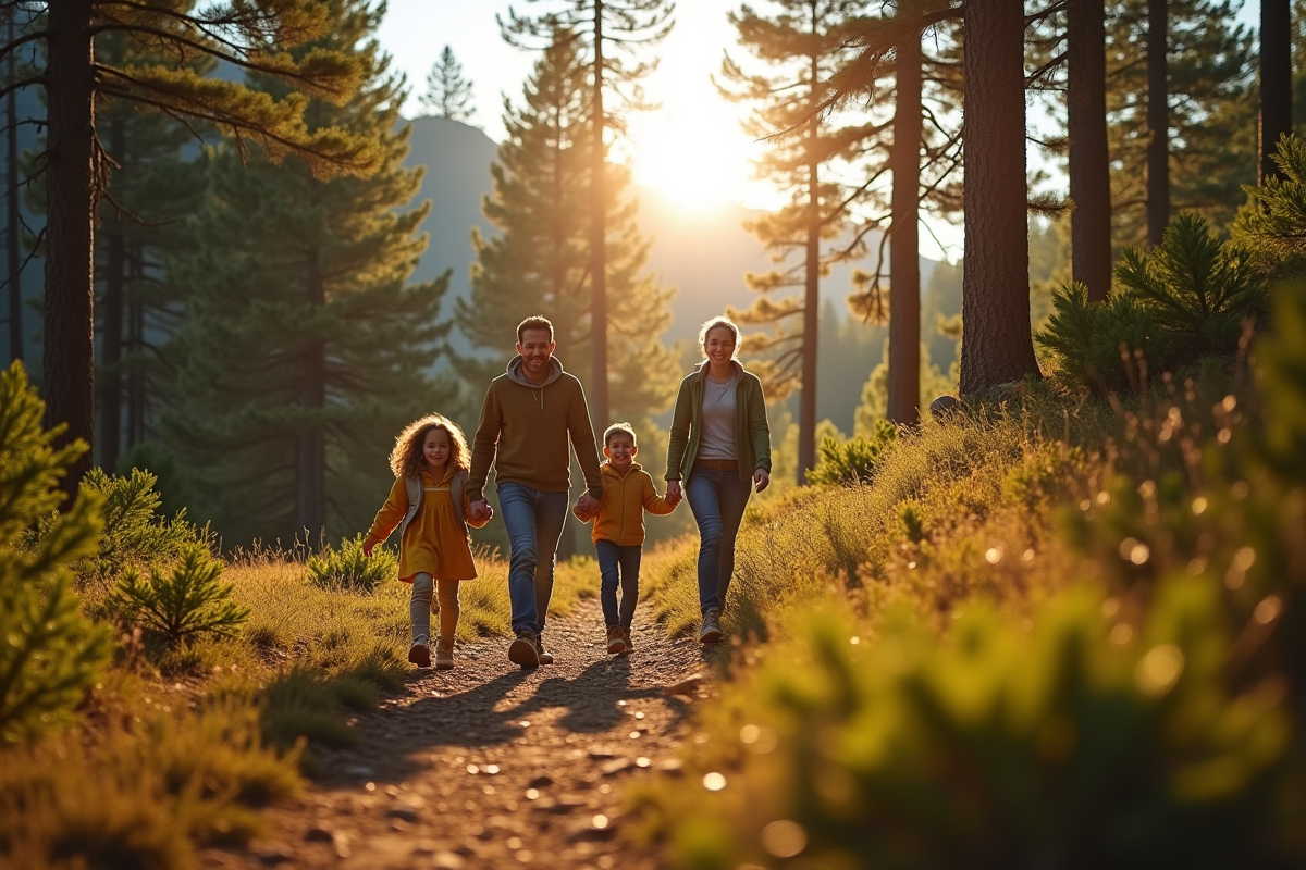 Famille joyeuse explorant un sentier de montagne ensoleille