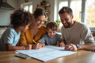 Famille heureuse organise un planner familial à la maison