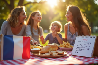 Famille française profitant d'un pique-nique en plein air avec drapeau tricolore