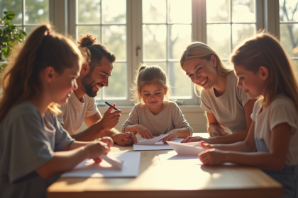 Famille pliant des avions en papier dans une pièce lumineuse