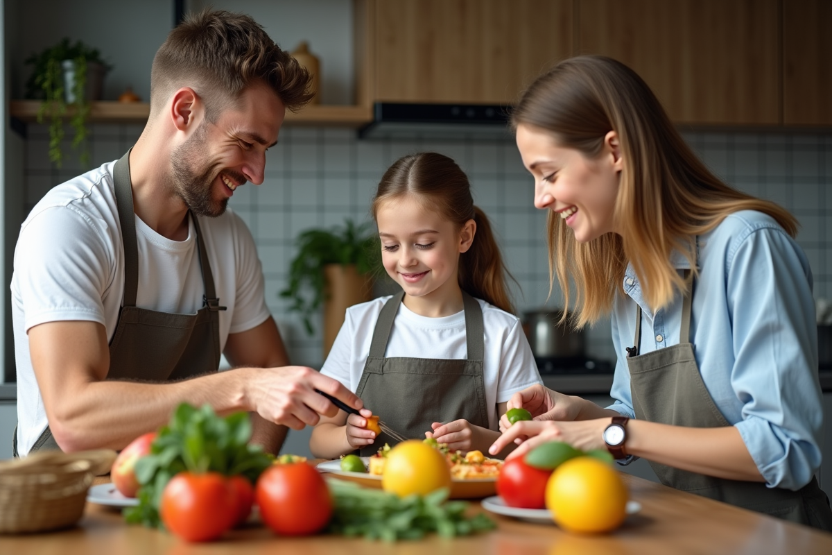 Famille préparant un repas dans la cuisine moderne