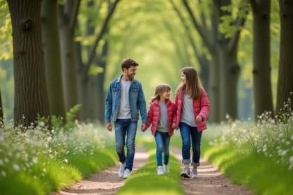 Famille heureuse en forêt en Île-de-France