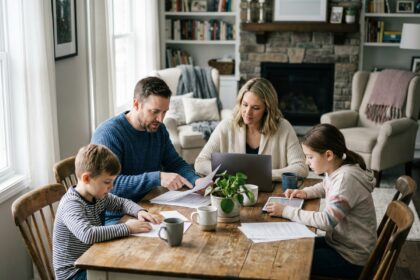 Famille de quatre autour d'une table en intérieur chaleureuse