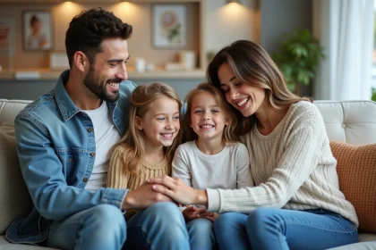 Famille souriante dans la salle d'attente d'un cabinet dentaire