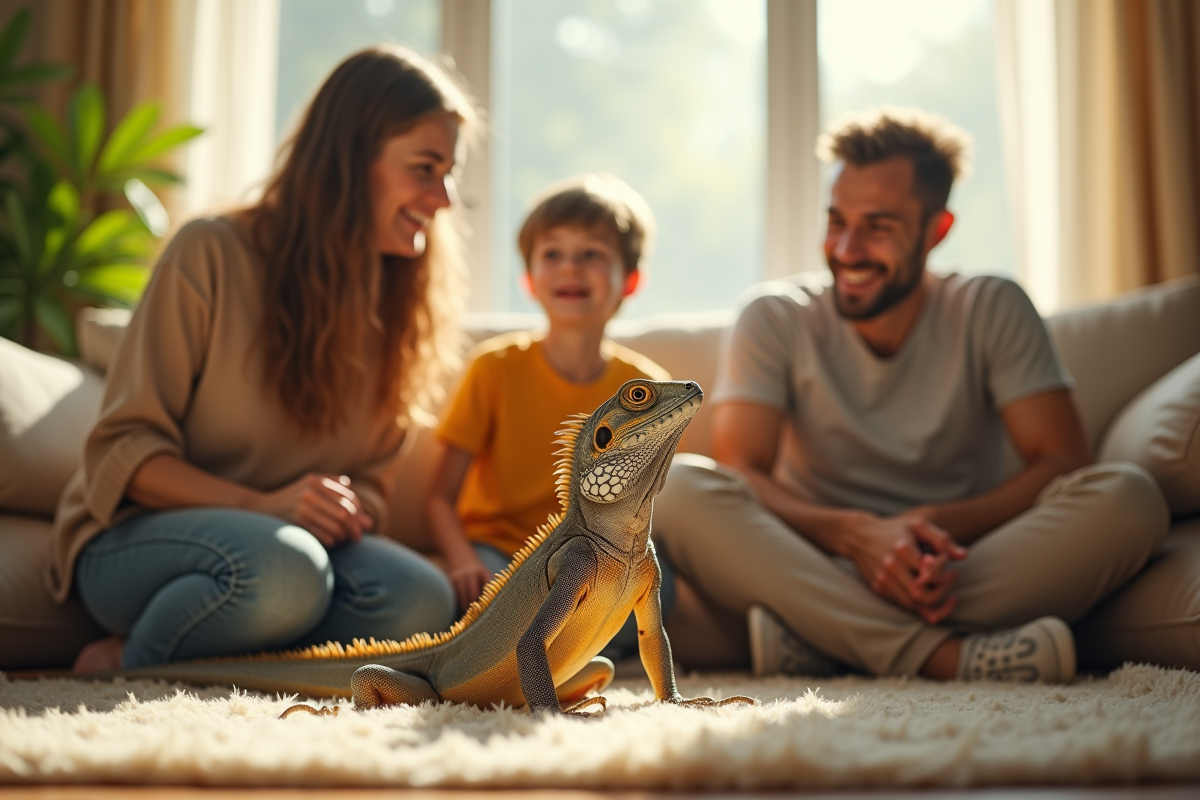 Famille regardant un varan dans un salon lumineux