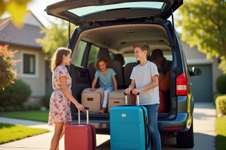 Famille heureuse chargeant bagages dans un van spacieux en plein soleil