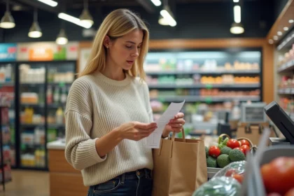 Femme consultant un reçu de caisse au supermarché, illustrant les achats du quotidien et la solidarité des dettes entre époux selon l'article 220 du Code civil