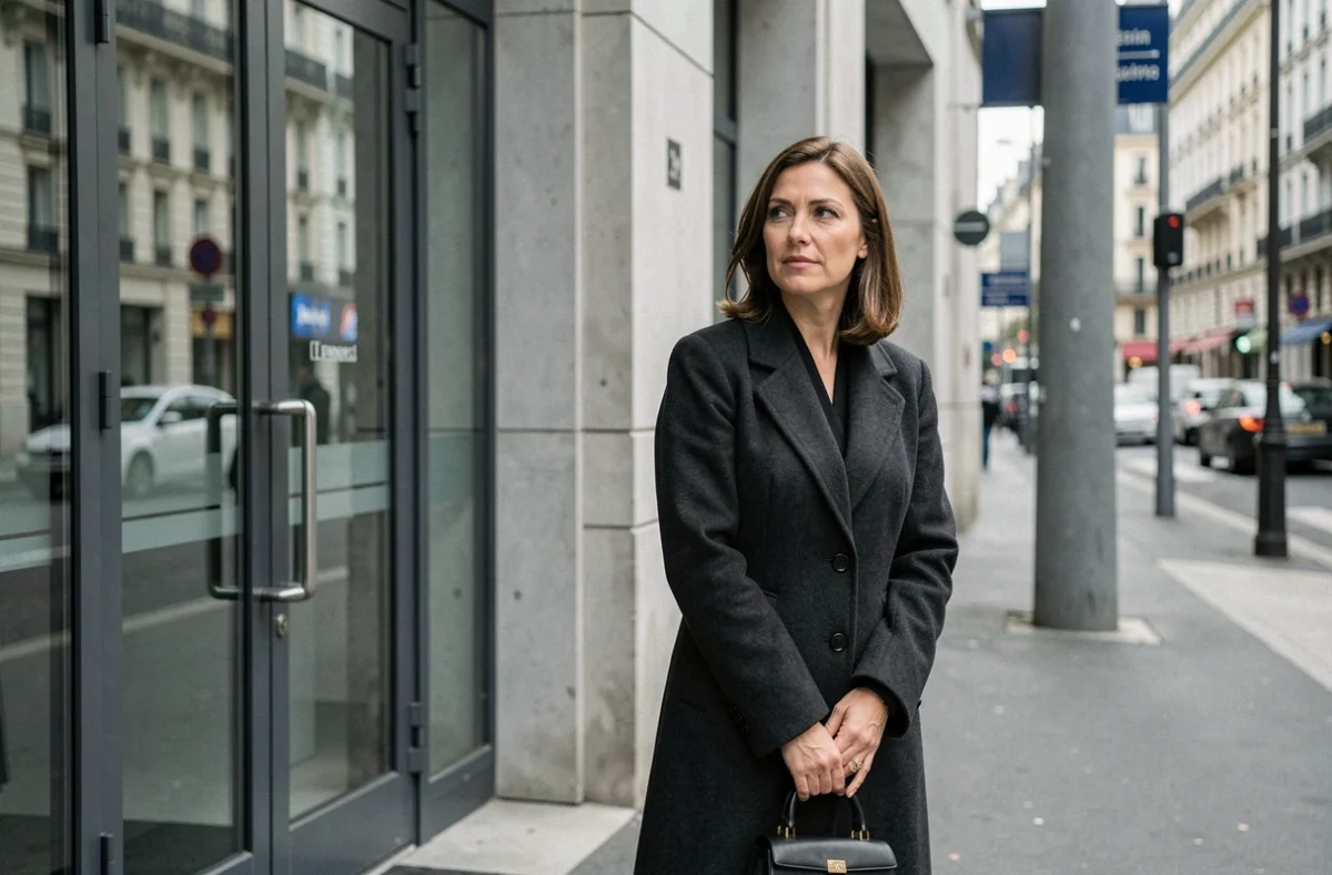 Une femme élégante et discrète près de l'entrée d'un studio de télévision français, évoquant les rares apparitions publiques de l'épouse d'un animateur connu