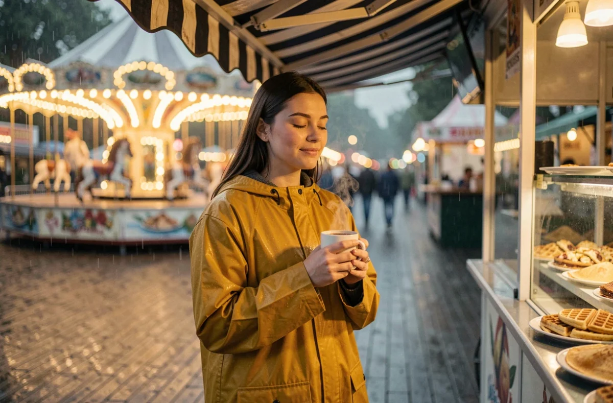 Jeune femme sous un auvent mangeant à la foire de Lille sous la pluie avec chocolat chaud