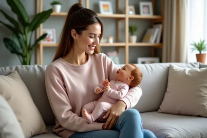 Femme souriante tenant un bébé doll hyperrealiste dans un salon cosy
