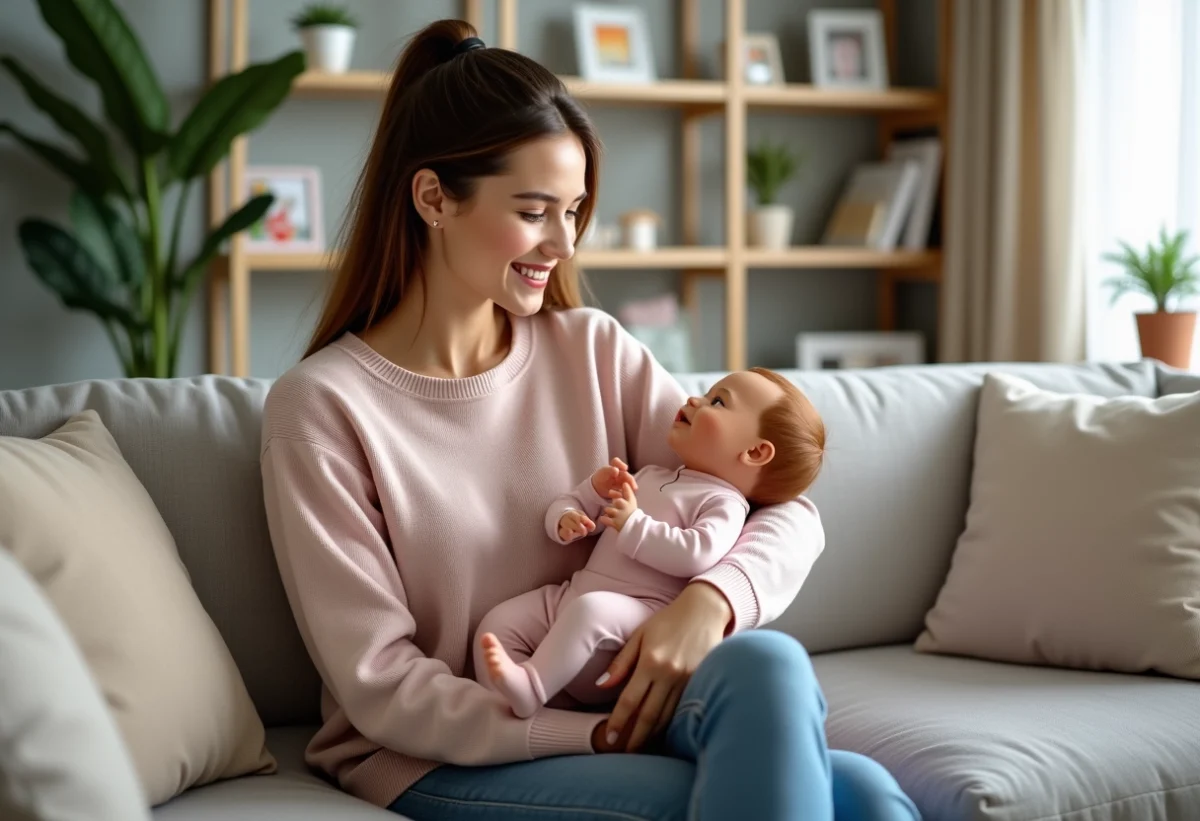 Femme souriante tenant un bébé doll hyperrealiste dans un salon cosy