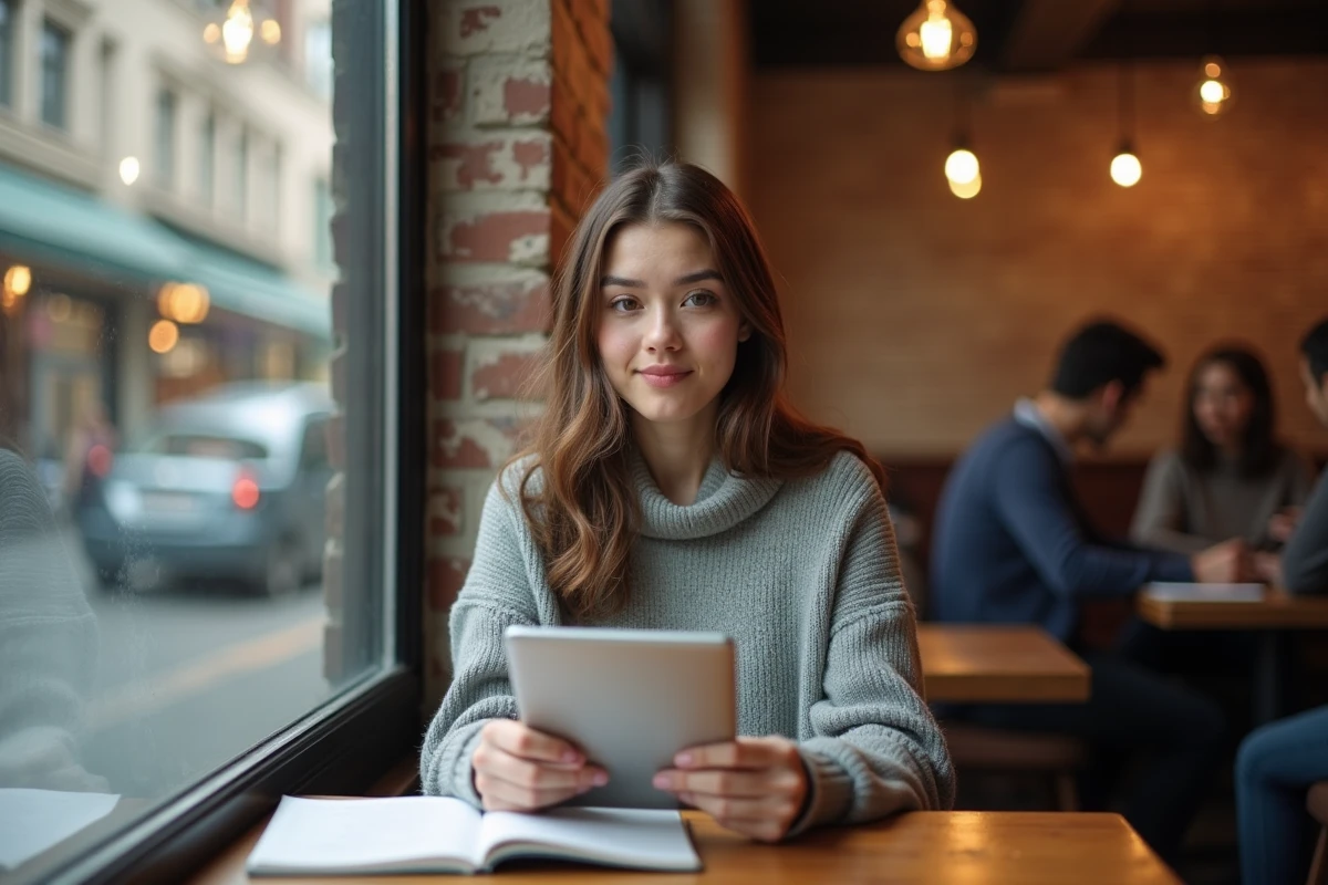 Jeune femme au café utilisant une tablette et un carnet