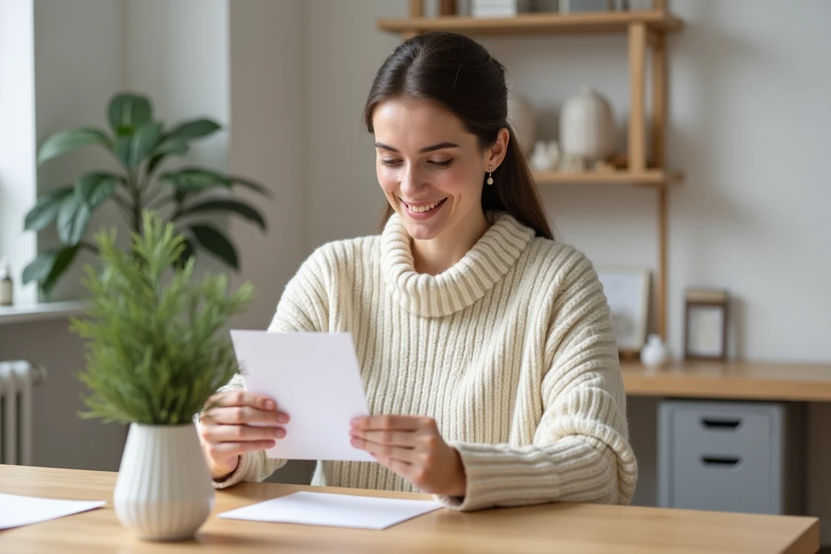 Femme tenant une carte de Noël minimaliste imprimée, assise à un bureau en bois scandinave avec décoration épurée