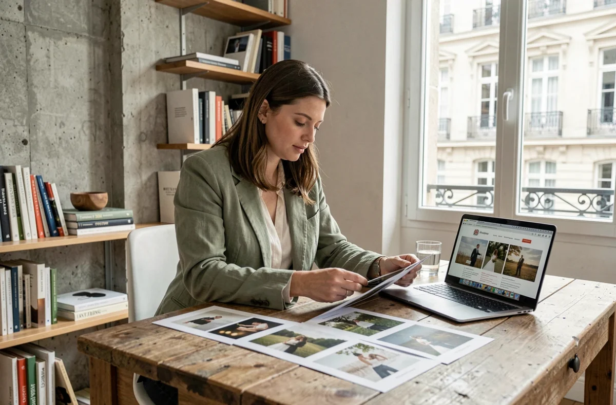 Jeune femme comparant des portfolios de photographes de mariage chez elle à Montpellier