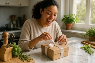 Femme heureuse dans une cuisine moderne déballant un cadeau