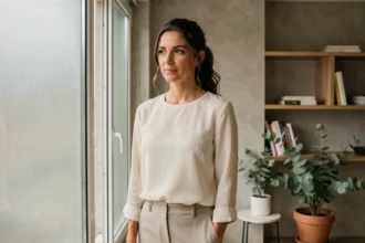 Femme élégante et discrète près d'une fenêtre dans un appartement parisien, illustrant la vie privée d'une personnalité publique
