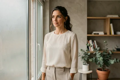 Femme élégante et discrète près d'une fenêtre dans un appartement parisien, illustrant la vie privée d'une personnalité publique