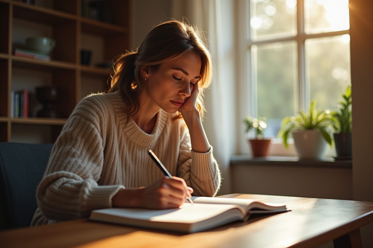 Femme écrivant dans un journal à la lumière du matin