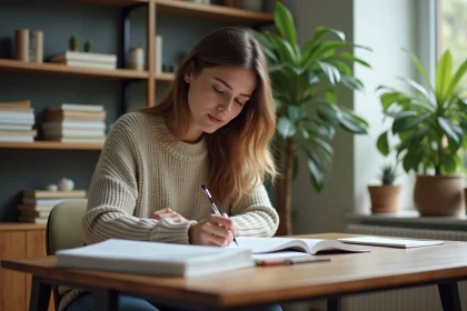 Femme écrivant une lettre dans un bureau moderne et intime