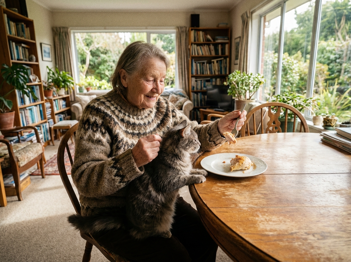 Femme âgée offrant de la nourriture à un chat dans un salon lumineux