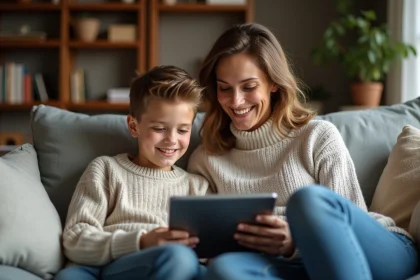 Femme et adolescent partageant une tablette dans un salon chaleureux