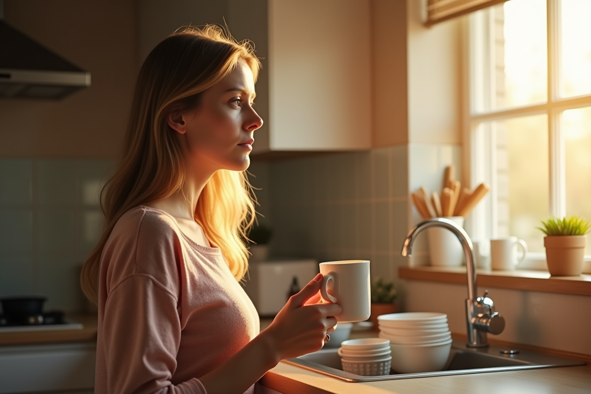 Femme fatiguée dans la cuisine le matin avec tasse de café